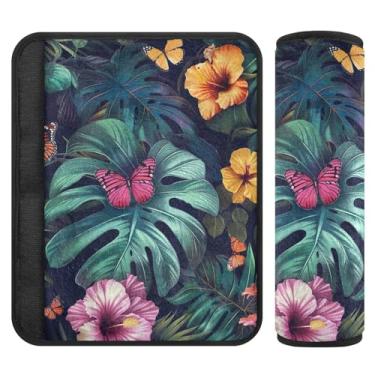 Imagem de Burbuja Capa para cinto de segurança de carro com folhas de flores tropicais macias e confortáveis para alça de ombro de assento de carro, 1 par pequeno