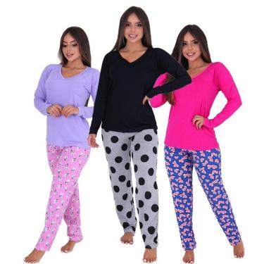 Imagem de Kit 3 Pijamas Feminino Manga Longa Frio Inverno Vitória-Feminino