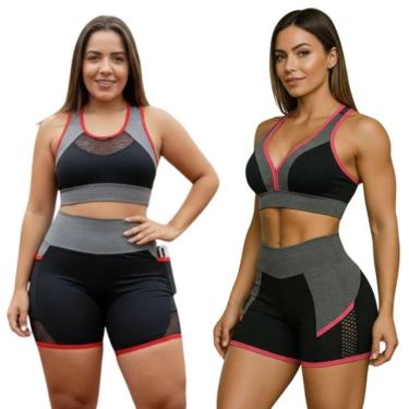 Imagem de Kit 2 Conjuntos Fitness Feminino Top e Short com e sem Bolso-Feminino