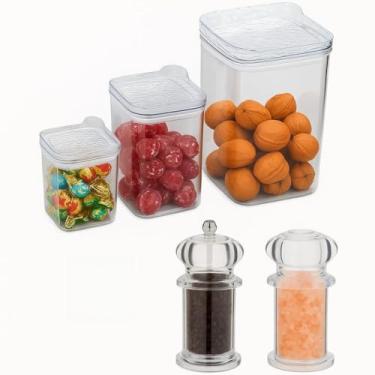 Imagem de Kit 5 Peças – 3 Potes Herméticos (400ml / 900ml / 1900ml) + Moedor e Saleiro Acrílico 10cm | Armazenamento Organizado e Sofisticado para Cozinha | Tampa Vedante + Moagem Ajustável