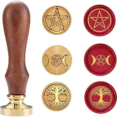 Imagem de Conjunto de carimbos de cera de vedação, selos de cobre com suporte de madeira, selo de cera wiccan retrô vintage (lua tripla, pentagrama e árvore da vida)