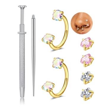 Imagem de QWALIT Anel de nariz de ferradura de ouro 18 g com pino duplo para sapato de cavalo argola para mulheres de aço cirúrgico meio tragus piercing lábio hélice piercing joias anéis de septo 8 mm bola de