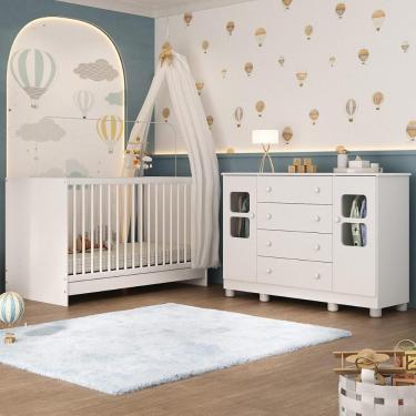 Imagem de Berço 3 Em 1 Para Colchão 130x60cm Com Cômoda 2 Portas 4 Gavetas Sol Multimóveis MP4748 Branco