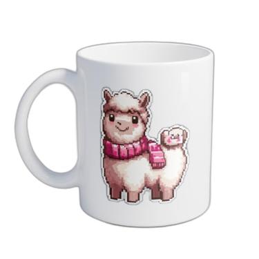 Imagem de Caneca Xícara de Café Porcelana 300ml Alpaca Pixelada com Lenço Rosa