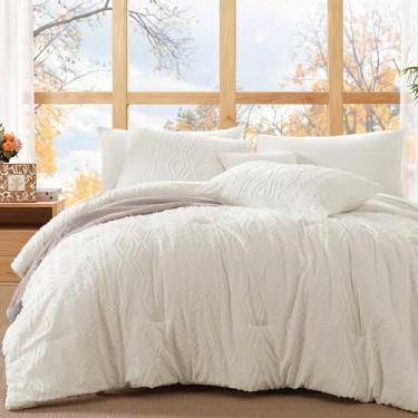 Imagem de WRENSONGE Conjunto de edredom casal com lençóis – 7 peças, cama branca tufada em uma bolsa, conjunto de cama chique gasto com 1 edredom, 2 lençóis, 2 fronhas e 2 fronhas