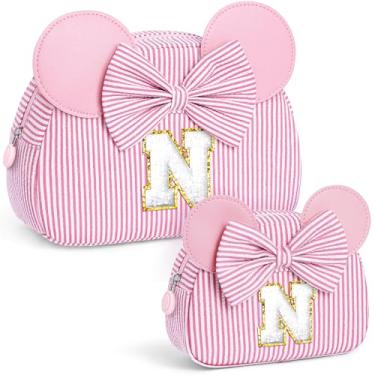 Imagem de QLOVEA Presentes de Natal para netos, bolsa de cosméticos inicial, bolsa de maquiagem de viagem, presentes de aniversário personalizados para crianças, rosa