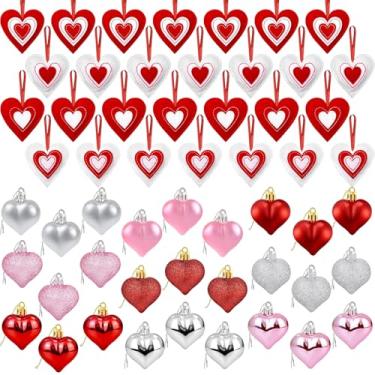 Imagem de 55 peças de enfeites de pendurar em forma de coração dos namorados - decoração de pendurar em feltro de coração vermelho rosa para árvore de Natal, romântico, dia dos namorados, casamento, aniversário