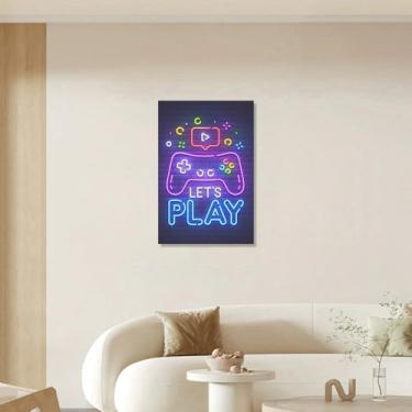 Imagem de 1 peça "Let's Play" controle de jogo arte de parede estilo neon brilhante impressão de pôster para sala de jogos, quarto, sala de estar, escritório em casa, estudo, fliperama, 20 x 30 cm