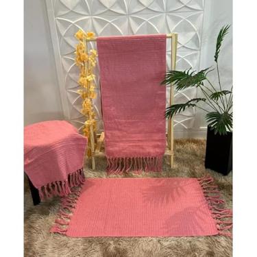 Imagem de Kit Passadeira de Cozinha 3 Peças Geométrica – Jogo de Tapetes em Tecido Grosso Algodão para Cozinha Sala e Quarto (Rosa liso)