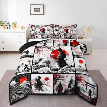Imagem de Feelyou Conjunto de edredom Samurai casal com flores de cerejeira japonês, pôr do sol, pôr do sol e colcha xadrez