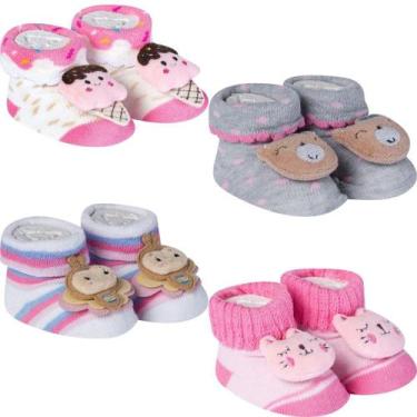 Imagem de Kit 4 Meias Pantufa Sapatinho Bebê Recém Nascido Menina Saída Maternid