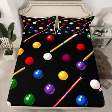 Imagem de Jogo de lençol casal com bolas de bilhar com taco de bilhar | Jogo de cama casal com bolas de bilhar para mesa de bilhar e taco de bilhar
