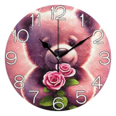 Imagem de Relógio de parede decorativo analógico quarto cozinha relógio operado por bateria silencioso, arte de parede moderna legal decoração de casa, urso de pelúcia fofo rosa brilhante, 25 cm, ponteiros