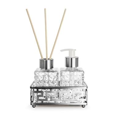 Imagem de Kit Lavabo Luxo Vidro com Difusor Aromatizador e Saboneteira 70ml com Bandeja Metal Dourada ou Prata(Prata)