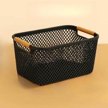 Imagem de Cesto Organizador de Plástico com Alça de Bambu – Multiuso para Cozinha e Banheiro(PRETO ELEGANTE G-37cmx23x14cm)