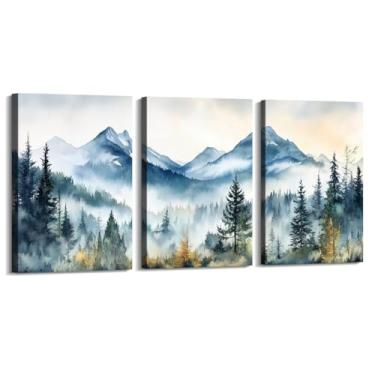 Imagem de 3 peças de arte de parede floresta nebulosa impressão aquarela montanha decoração de parede paisagem natureza árvore abstrata pintura moderna para sala de estar (SKU1-3PCS, 12 x 16 polegadas = (30 x