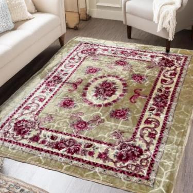 Imagem de Tapete Floral Grande 1,45x1,95m Antiderrapante para Sala e Quarto - Tapete Macio de Flanela, Fácil de Lavar na Máquina, Antialérgico, Decorativo para Sua Casa(Bege Floral C)