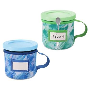 Imagem de 2 peças de mangas de neoprene para sorvete, impressões tie-dye reutilizáveis com isolamento térmico para canecas de sorvete Ninja Creami com alça de suporte de colher e slot para placa de nome (473 ml