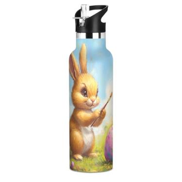 Imagem de Garrafa de água de ovo de pintura de coelho da Páscoa com tampa de palha, garrafas de água isoladas de aço inoxidável para crianças, meninos, 590 ml, copo de viagem de parede dupla sem BPA