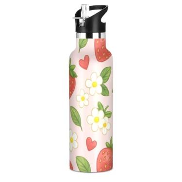 Imagem de Joisal Garrafa de água esportiva isolada para meninos, lindo desenho animado rosa de morangos, 590 ml, à prova de vazamento, parede dupla, copo de aço inoxidável, copo de viagem com tampa de canudo