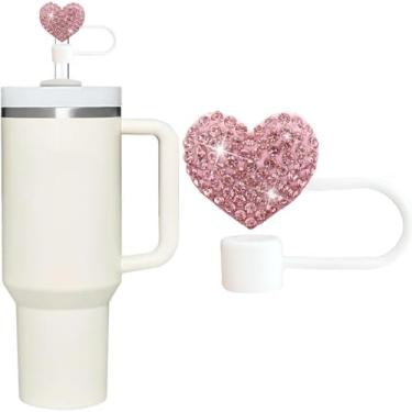 Imagem de Capa de palha Bling Hearts para Stanley Cup, strass de diamante brilhante, topos de silicone de 10 mm, topo de palha compatível com Stanley copo de 30 e 1,134 g com alça, canudos reutilizáveis (rosa)