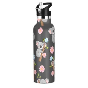 Imagem de Garrafa de água isolada de aço inoxidável de 590 ml com tampa de canudo para bebidas frias ou quentes, lindos coalas de desenho animado floral preto parede dupla a vácuo livre de BPA copos de viagem
