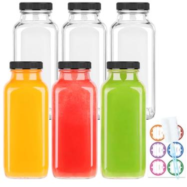 Imagem de GUANENA Pacote com 6 garrafas de vidro, garrafas de água quadradas vintage de 350 ml com tampas, garrafas de suco, recipientes de bebidas para leite, kombucha, smoothies