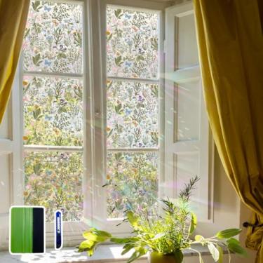 Imagem de Flortlias Película de privacidade para janela floral, vitral, decorativa, arco-íris, para decoração de vidro, banheiro, porta, carro, flores silvestres com ferramentas, 200 x 43 cm