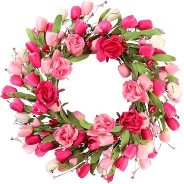 Imagem de Sggvecsy Guirlanda de tulipa de dia dos namorados de 51 cm para porta da frente, rosa artificial, flor de seda, primavera, verão, com coração, bagas, folhas verdes, para presentes, festivais