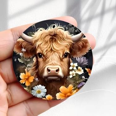 Imagem de Ímã de geladeira vintage highland vaca com design de flores - adesivo redondo de acrílico para geladeira de 5,8 cm, presente de decoração retrô, tamanho perfeito para geladeira, armário ou qualquer