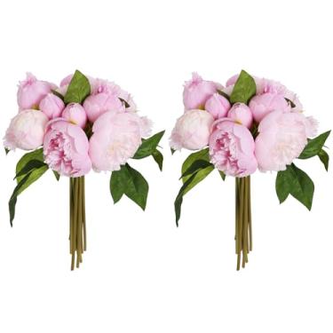 Imagem de ICBOX Peônias rosa, flores de seda, 2 buquês de peônias falsas rosa, 14 cabeças, flores de peônia sintética com hastes para decoração de casamento, buquê de noiva, flores falsas, artesanato, arranjo