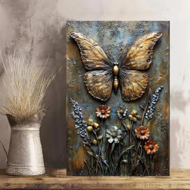 Imagem de Arte de parede em tela rústica vintage com flores de borboleta dourada - Pôster sem moldura de 20 x 30 cm - Decoração de casa e escritório para sala de estar, quarto, cozinha e café