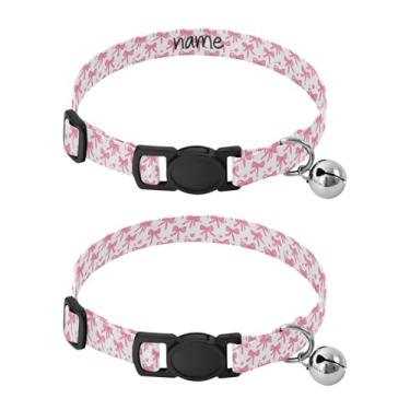 Imagem de SEHANY Conjunto de 2 coleiras de cachorro com laço rosa fofo, fivela de plástico resistente, leve, macia e leve, com sino pequeno, coleiras personalizadas com nome de animal de estimação para meninos