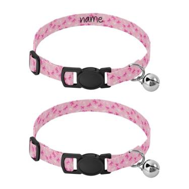 Imagem de SEHANY Conjunto de 2 coleiras de cachorro com laço rosa fofo, fivela de plástico resistente, leve, macia e leve, com sino pequeno, coleiras personalizadas com nome de animal de estimação para meninos