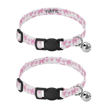 Imagem de SEHANY Conjunto de 2 coleiras de cachorro com laço rosa fofo, fivela de plástico resistente, leve, macia e leve, com sino pequeno, coleiras personalizadas com nome de animal de estimação para meninos