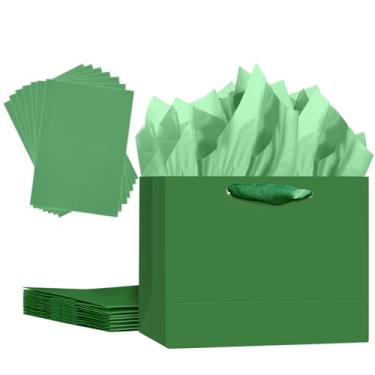 Imagem de qiqee Sacos de presente verde-esmeralda com alças de fita, 5 peças de sacos de presente de tamanho médio de 24,4 x 20 x 10,9 cm (10 peças de papel de seda incluído, largura média)
