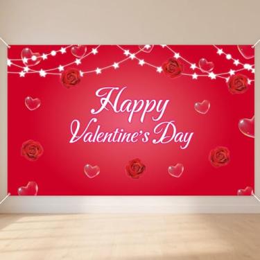 Imagem de Penitue Painel Fundo Feliz Dia dos Namorados, 1,8x1,1m Grande Banner Dia dos Namorados Design Romântico de Rosas e Corações para Decoração Festa Aniversário de 14 Fevereiro