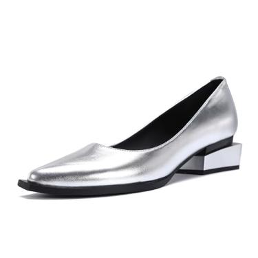 Imagem de feetquake Sapatos Femininos De Salto Quadrado Sobreposto, Salto Grosso Vermelho, Bico Fino, Puxador, Couro Pu Envernizado Prateado, Sapatos Confortáveis Para Uso Diário, 9,5 M