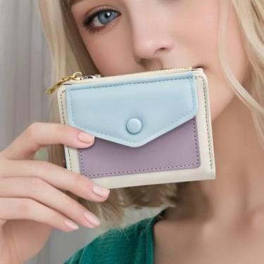 Imagem de Carteira feminina, bolsa de couro PU dobrável moderna pequena com bolso com zíper para cartões, moedas, dinheiro, Azul, Simples