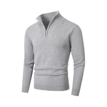 Imagem de Suéter Masculino Leve De Lã Com Zíper, Gola Alta, Casual, Cor Sólida, 