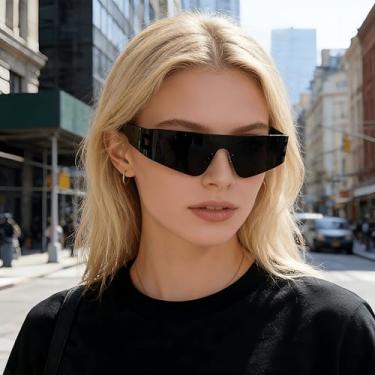 Imagem de Óculos de sol esportivos sem moldura para ciclismo ao ar livre, design de uma peça, armação preta com lente preta, proteção UV