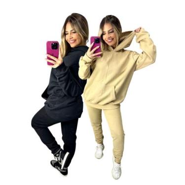Imagem de Kit com 2 conjuntos Moletom calça e capuz feminino Inverno Slim quenti