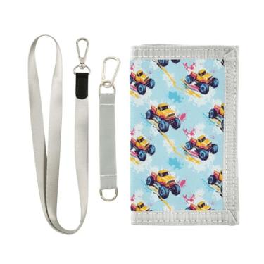Imagem de Sletend Carteira infantil de lona para meninos, meninas, com três dobras, carteira com zíper com bolso para moedas e porta-cartões, Caminhão monstro de desenho animado, Jovem