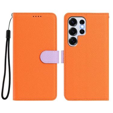 Imagem de Capa tipo carteira com tampa para Samsung Galaxy S25 Ultra, com porta-cartões, capa com função de suporte, capa de carregamento sem fios com fecho magnético de couro desmontável 2 em 1 (laranja)