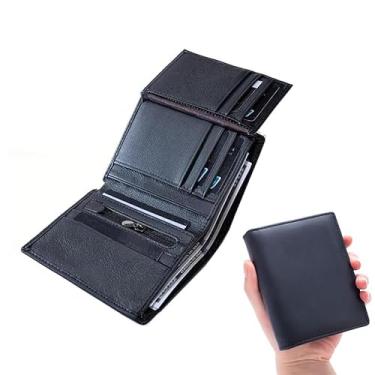 Imagem de Carteira masculina de couro real com três dobras com bloqueio RFID, vários compartimentos para cartões e janela para identidade, bolso com zíper para moedas para viagens diárias seguras e viagens