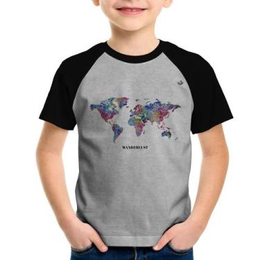 Imagem de Camiseta Raglan Infantil Mapa mundi mosaico - Foca na Moda, Cinza, Pre