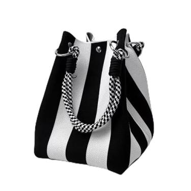 Imagem de Bolsa feminina retrô multicolorida - Bolsa sacola de grande capacidade com fecho de fivela e alça fixa, adequada para viagens de trabalho - listras verticais pretas e brancas