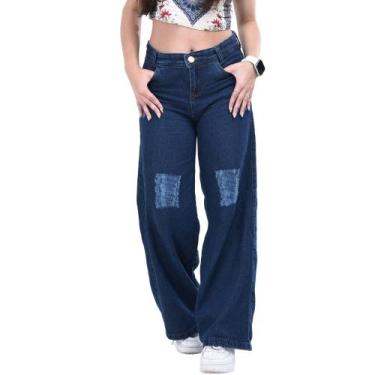 Imagem de Calça wide leg jeasn feminino bolso pantalona denim infantil juvenil -
