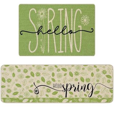 Imagem de RUIZHUO Conjunto de 2 tapetes de cozinha primavera verde floral antiderrapante lavável para pia de cozinha tapete de piso absorvente de baixo perfil tapetes de fadiga para ficar em pé 40 x 60 cm e 40