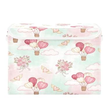 Imagem de Wassud Cestos de armazenamento dobráveis com tampas, corações e balões de ar, cestas organizadoras de tecido dobráveis para armário, decoração sazonal de casa 40 x 30 x 30 cm